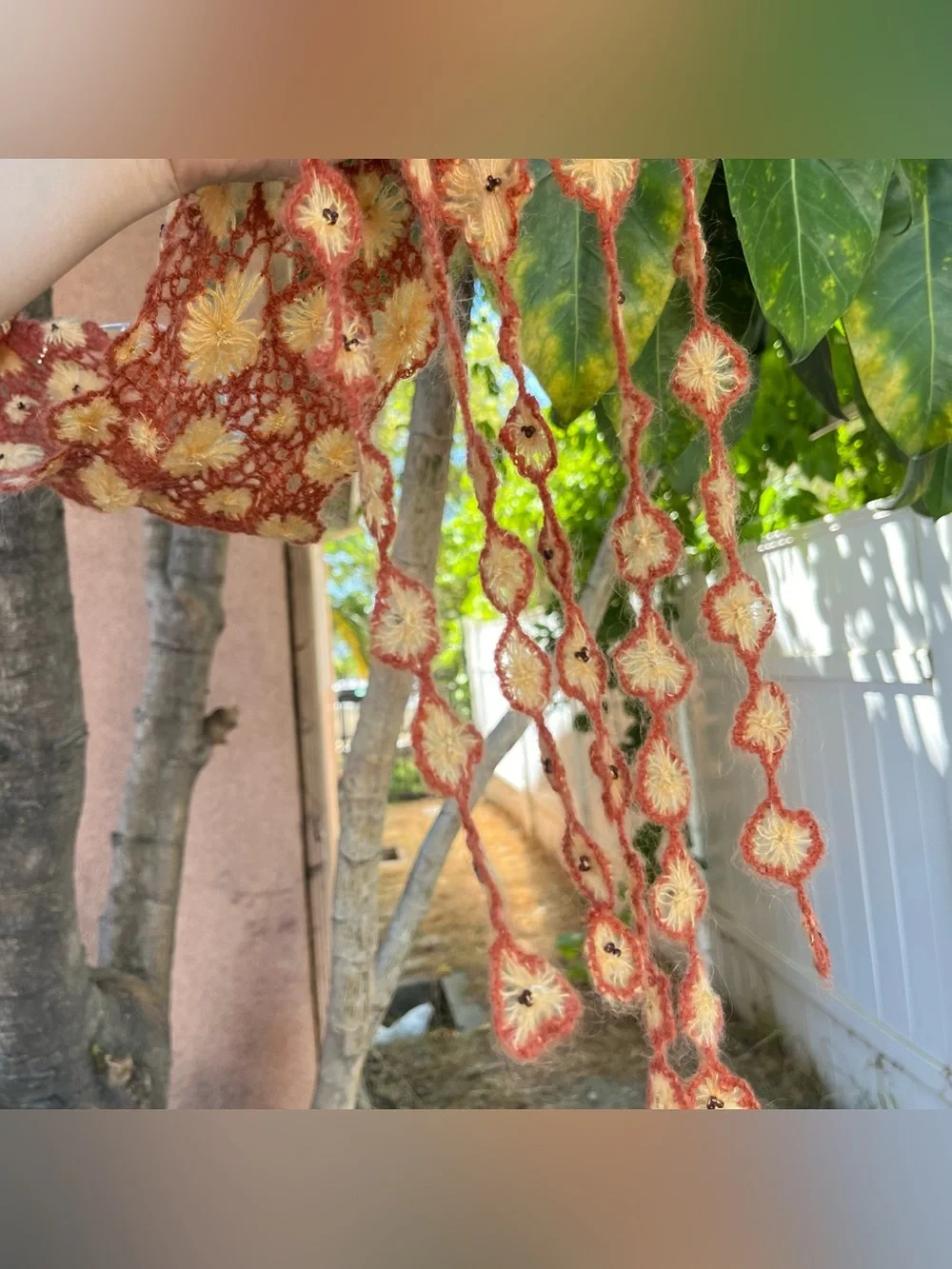 Rust & Yellow Floral Crochet Scarf with Beaded Details & Fringe.
